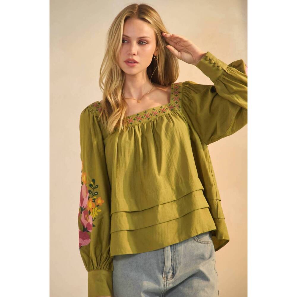 NEW ODDI embroidered blouse in lt olive